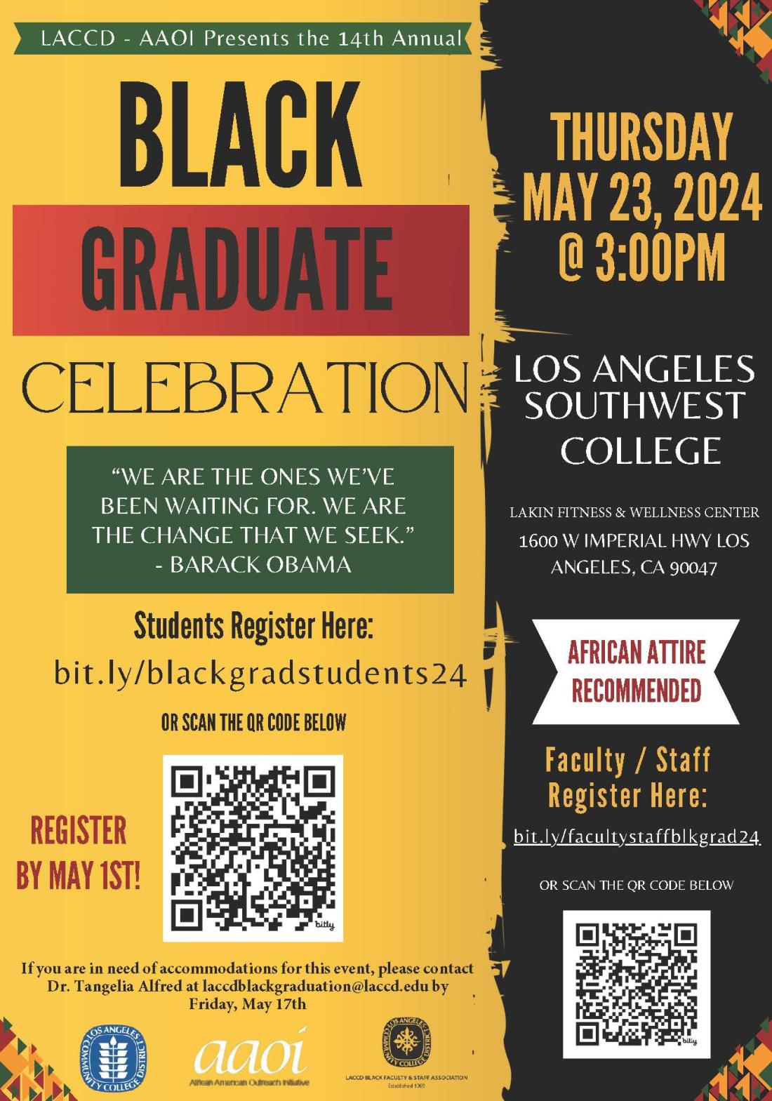 LACCD flyer for the Black Graduate with date/time/location and registration details.