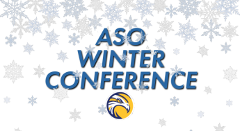 Snowflakes falling. Text "ASO winter conference" with round eagle LAHC logo