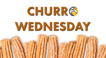Churros sticking halfway into design with text of "Churro Wendesday" and LAHC eagle logo at top