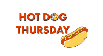 vector hotdog design underneath text that says "hot dog Thursday" with LAHC eagle round logo