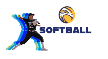 Harbor College Softball player preparing to throw a ball with the LAHC logo in a circle above the word "softball"