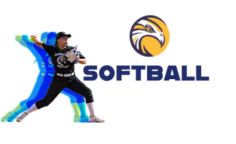 Harbor College Softball player preparing to throw a ball with the LAHC logo in a circle above the word "softball"