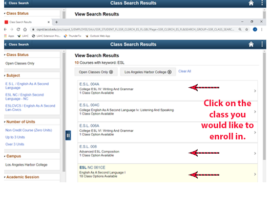 Screenshot of Class Search Results
