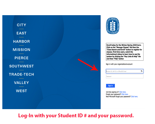LACCD Log-In Screenshot of Web Page