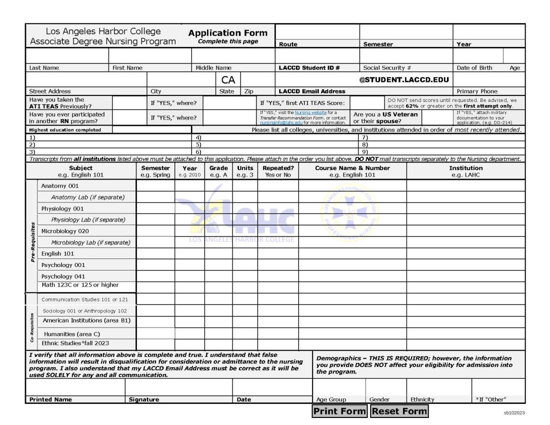 Non-Fillable Nursing Application