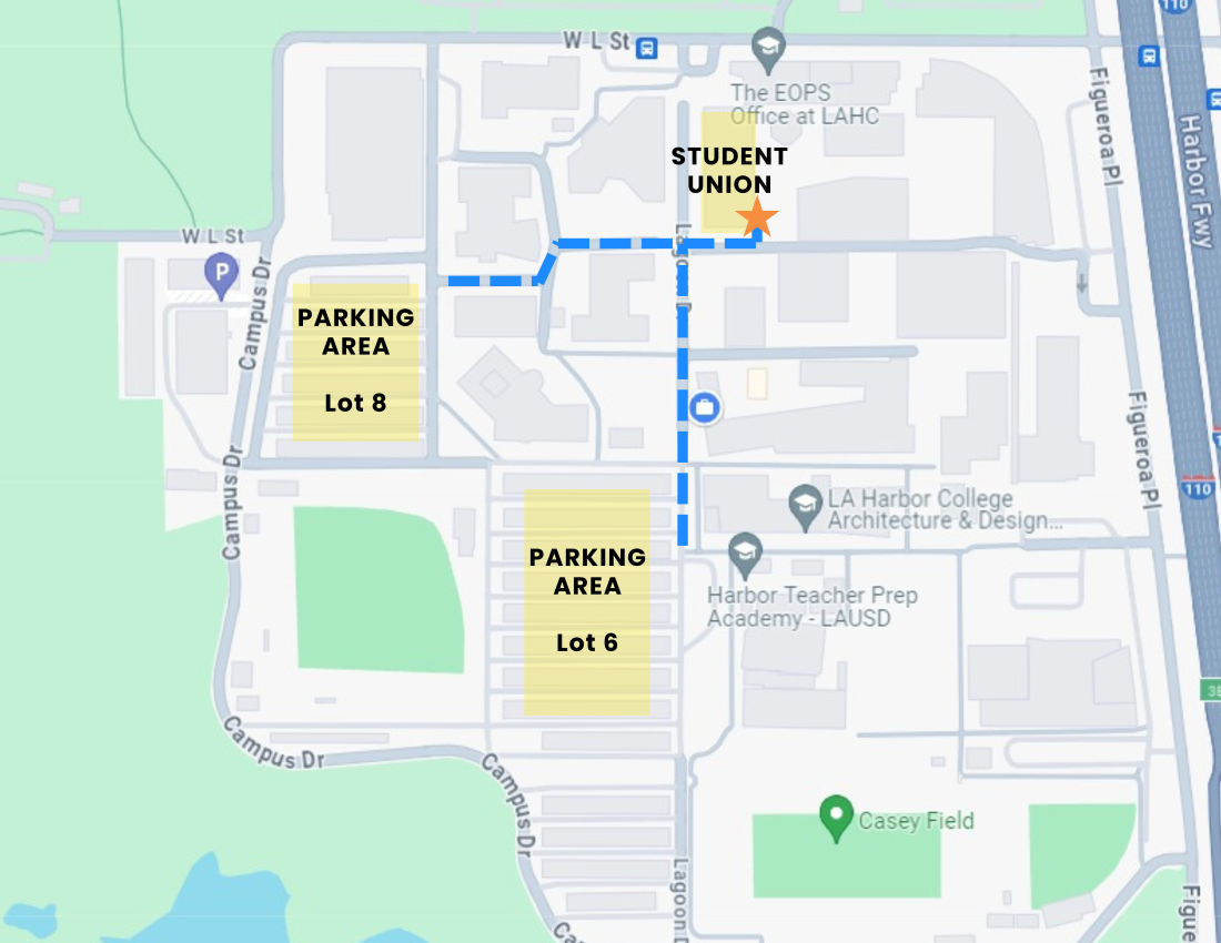 Parking instructions and walking route to student union