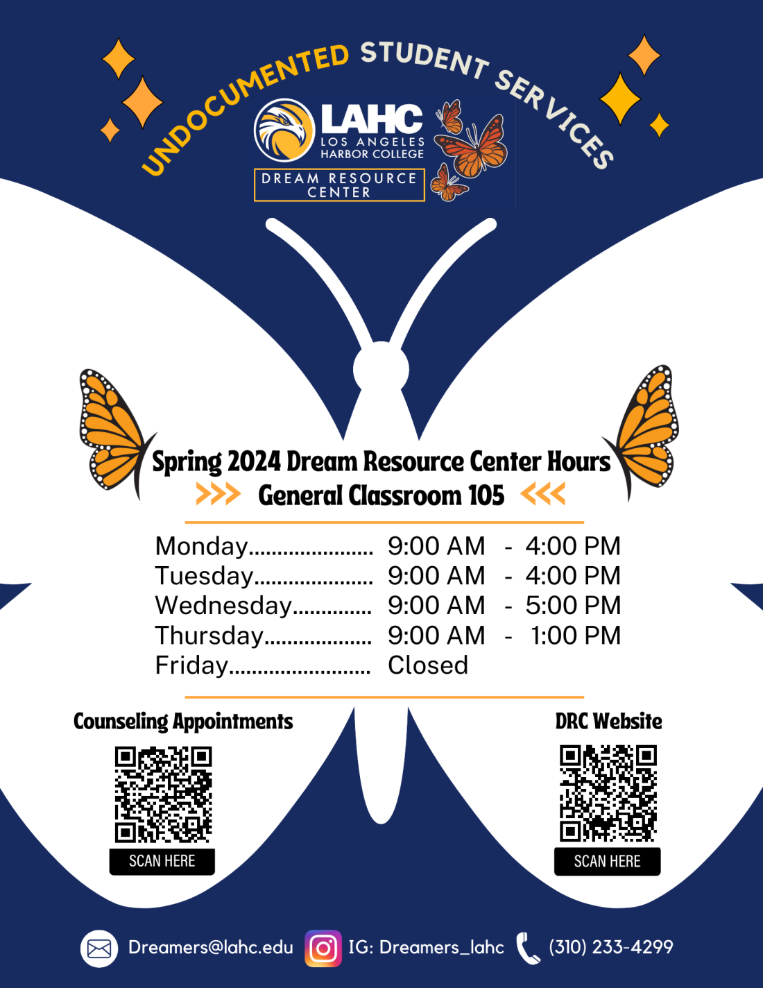 Spring 2024 hours for the Dream Resource Center