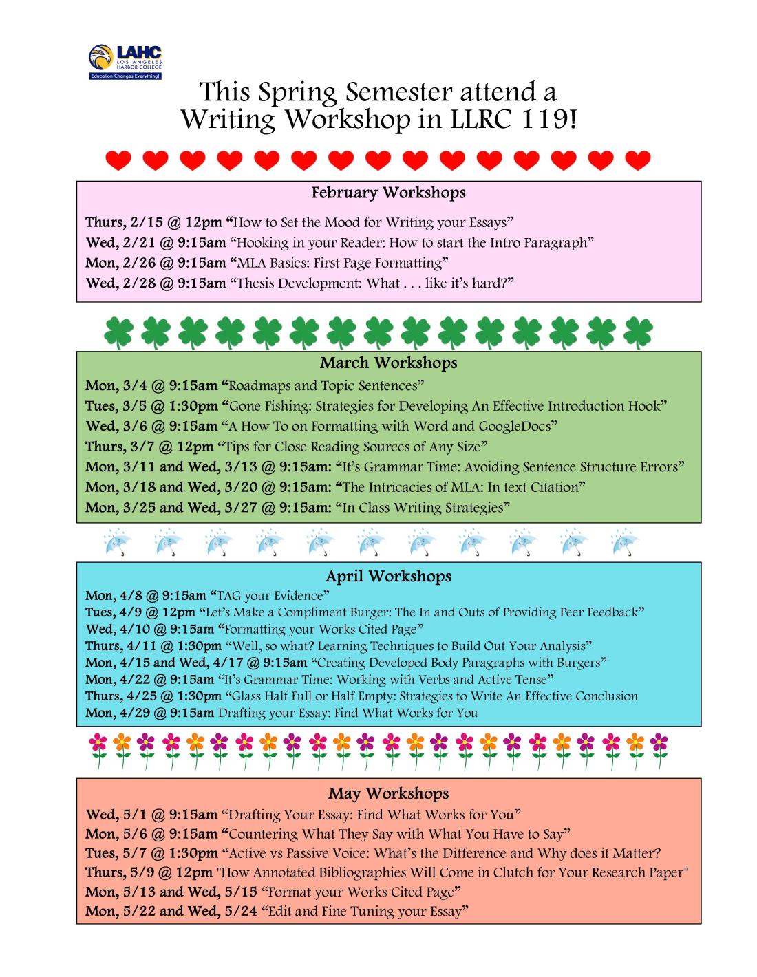 Flyer with Writing Workshop listing dates that are happening in the library.