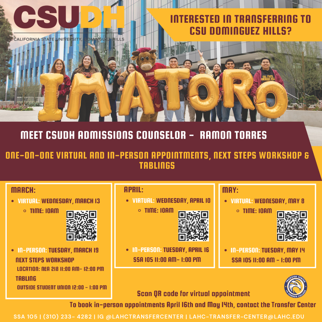 CSUDH flyer with virtual/in-person appointments, next steps workshop & tabling information and dates.