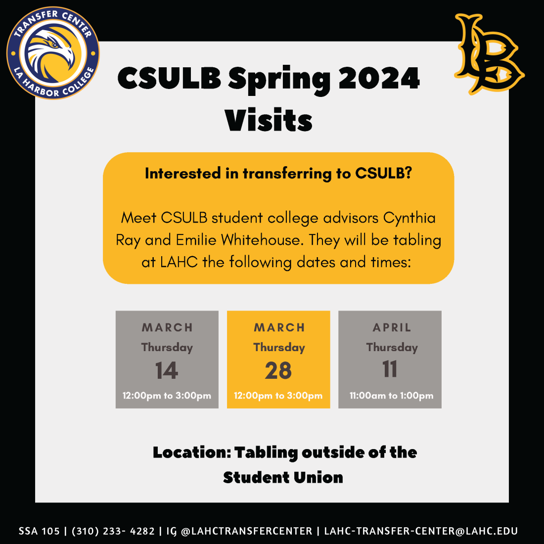 Flyer with CSULB visit tabling dates and times information. 