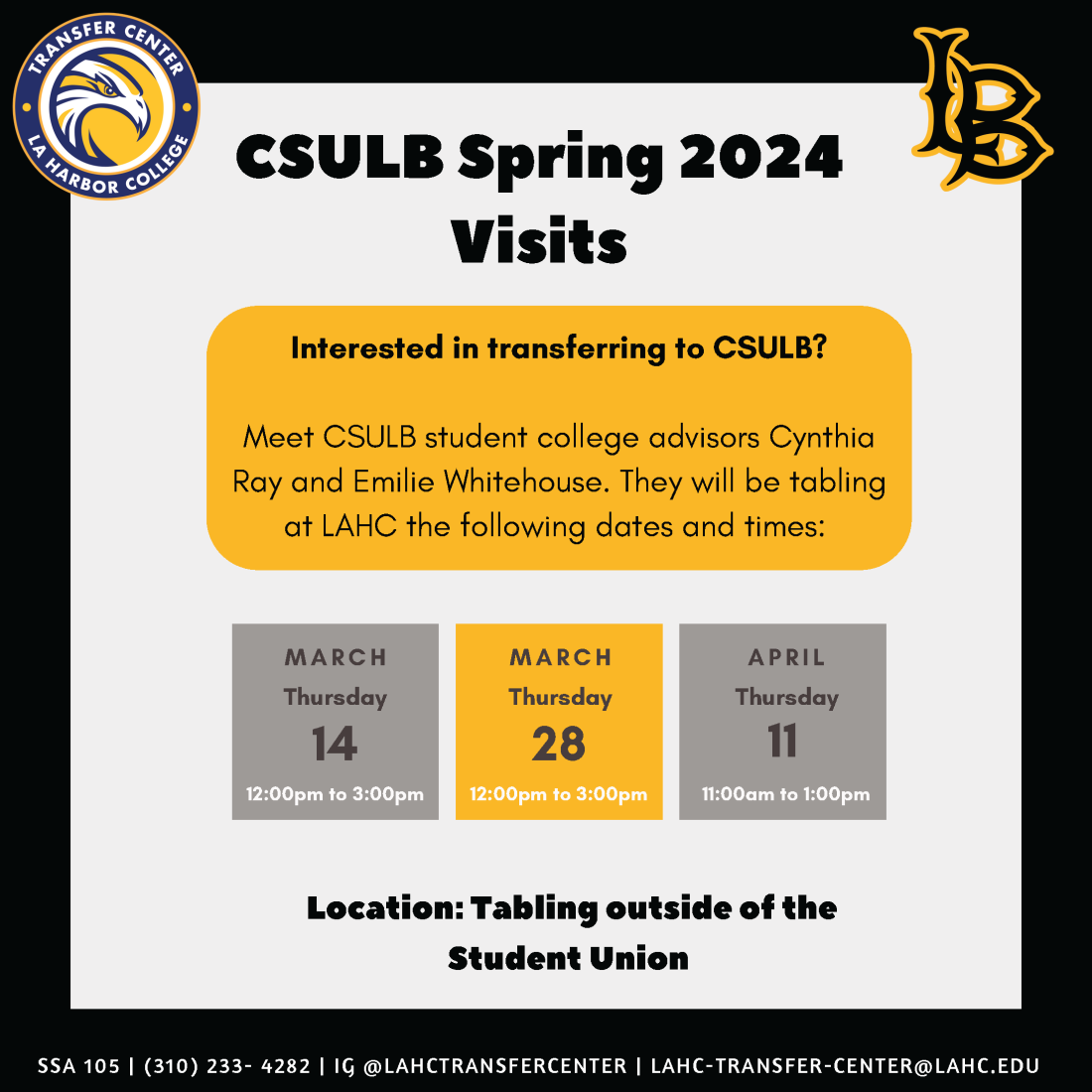Flyer with CSULB visit tabling dates and times information.