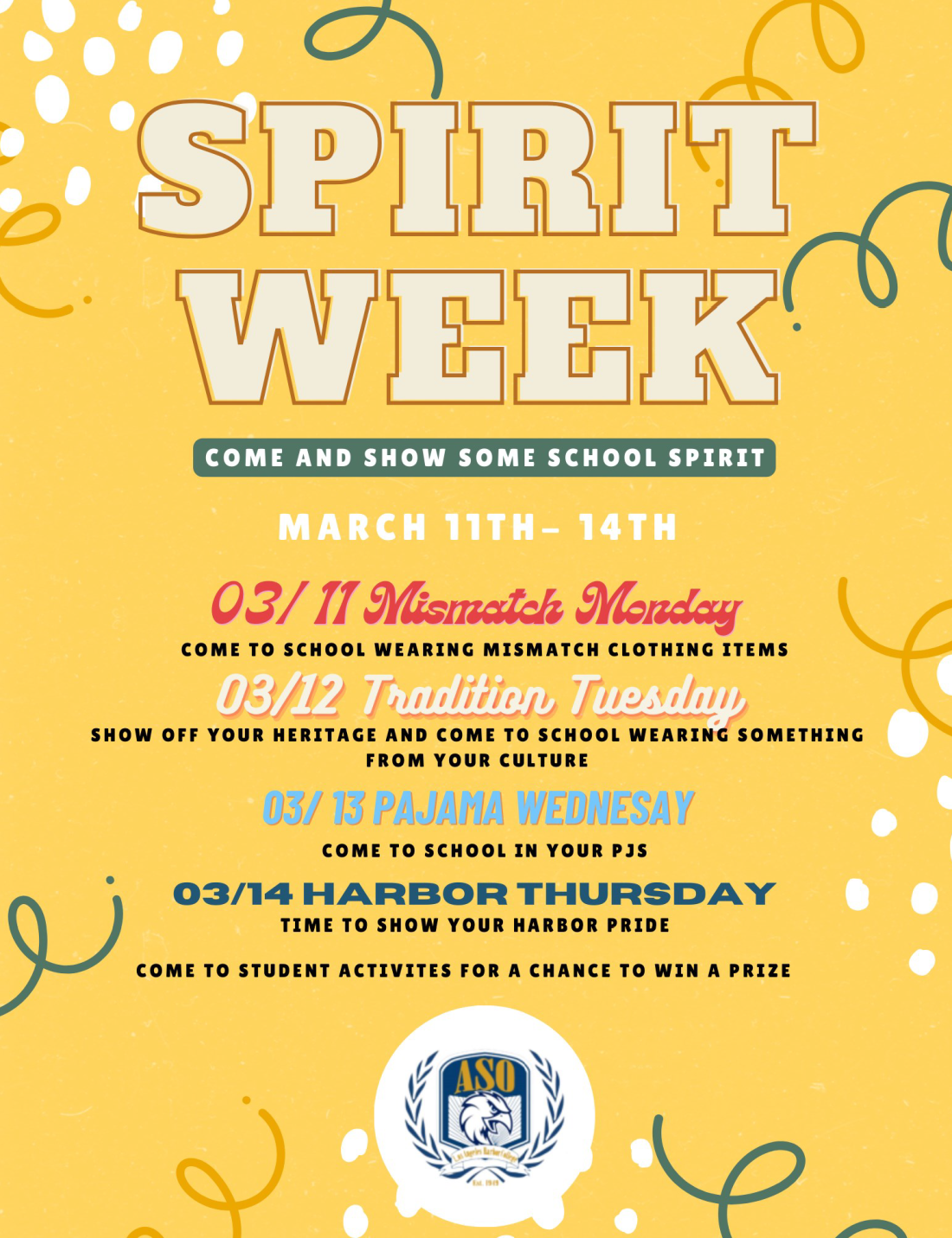 Spirit Week flyer with details/theme for each day of the week.