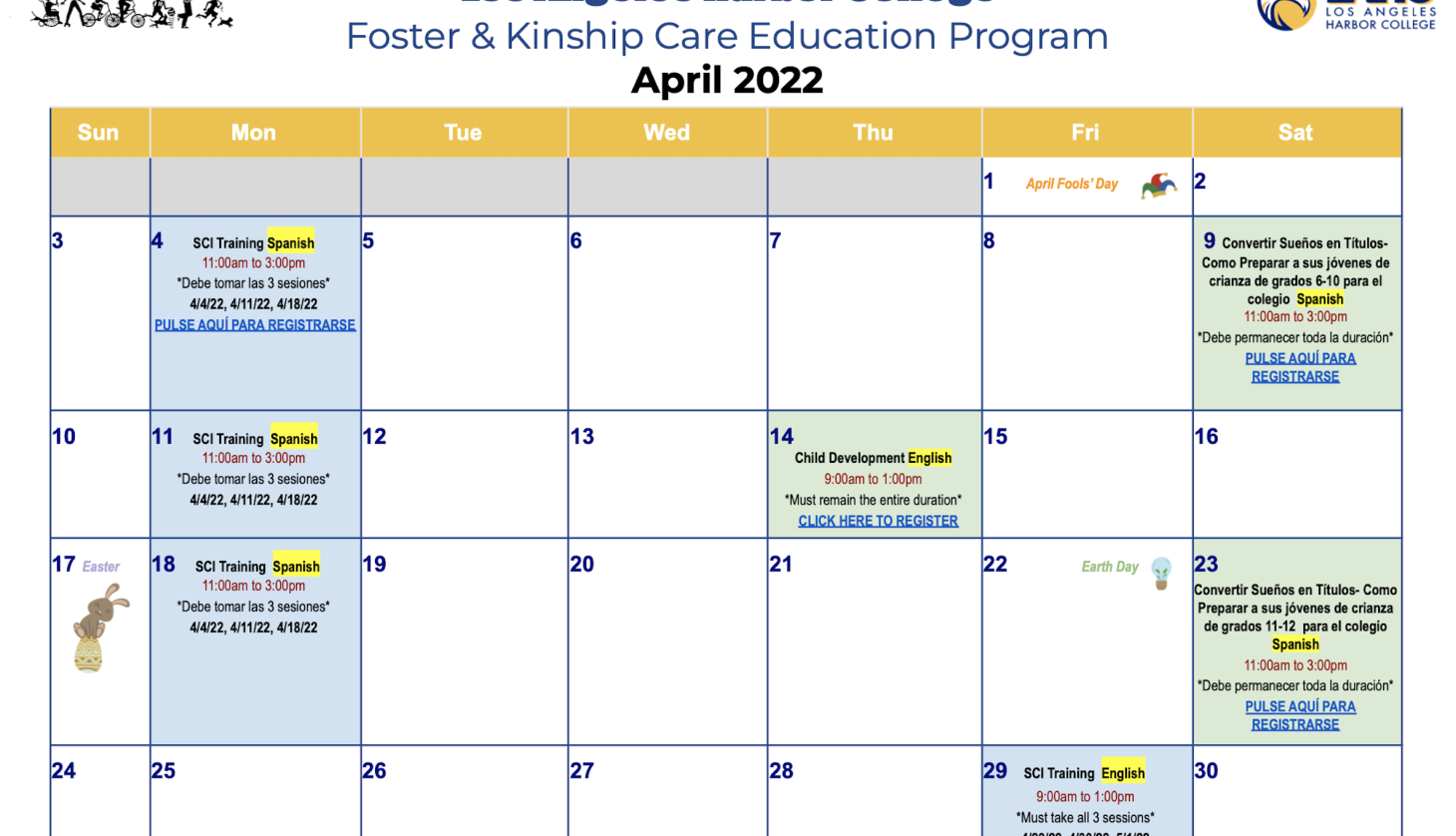 April Calendar of Foster and Kinship Care Program