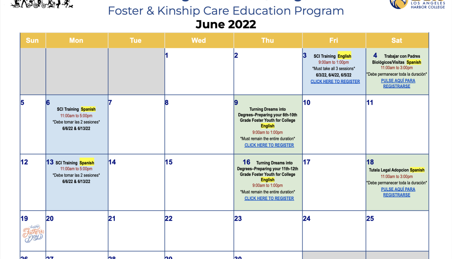 June Calendar of Foster and Kinship Care Program